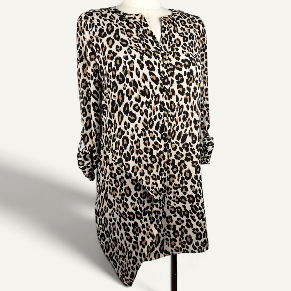 Chico's Leopard Print Asymmetrical Hem Tunic Dress Size L Boho Chic